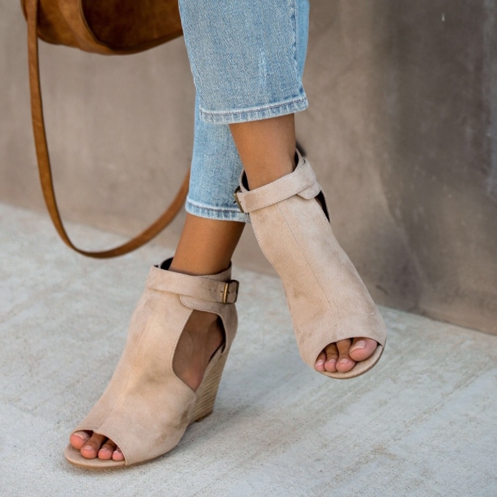 Faux Suede Peep Toe Wedge